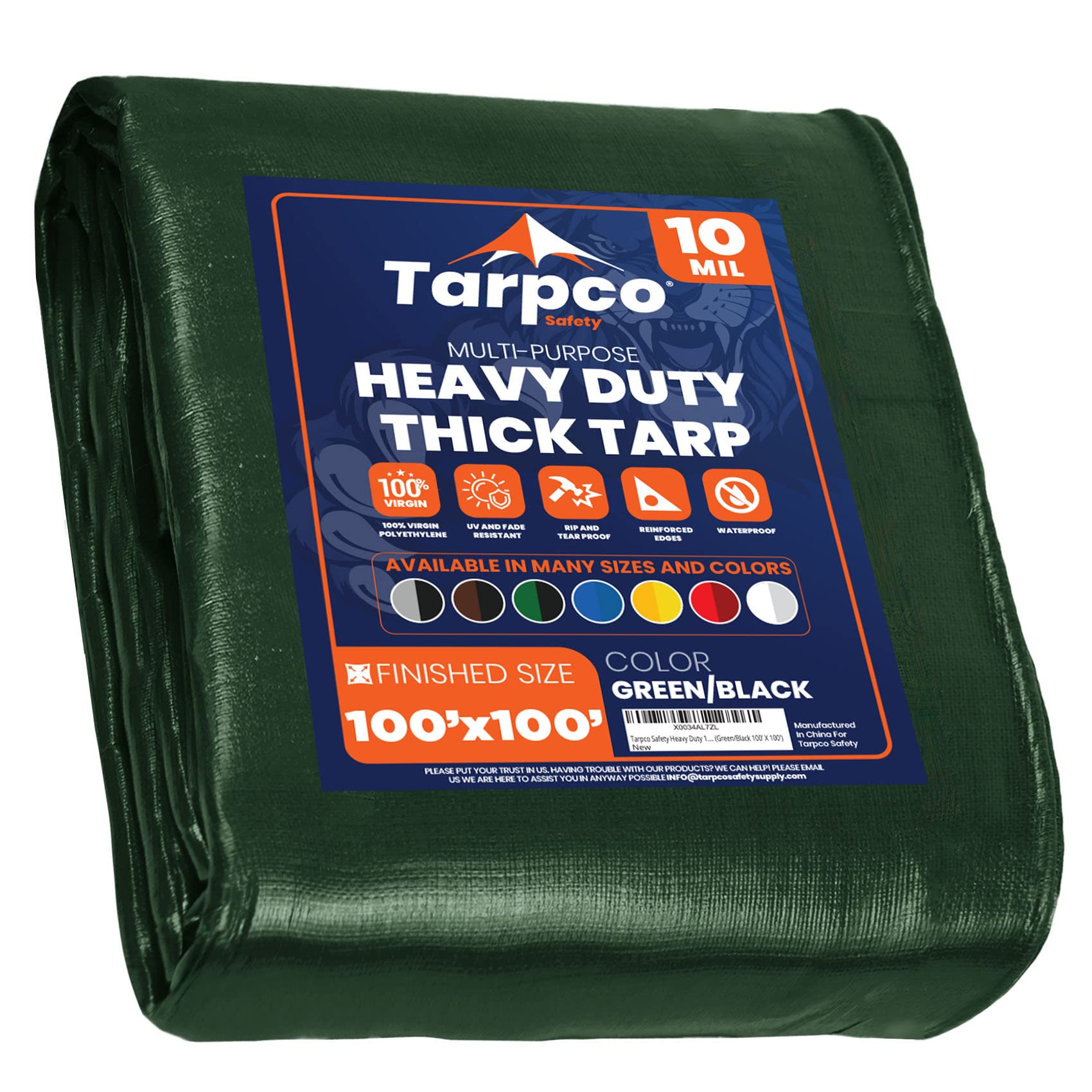 Heavy Duty 10 Mil Tarp Cover, Waterproof, UV Resistant, Rip and Tear Proof, Poly Tarpaulin with Reinforced Edges for Camping, Roof, Patio, Pool, Boat. (Green/Black 100′ X 100′)