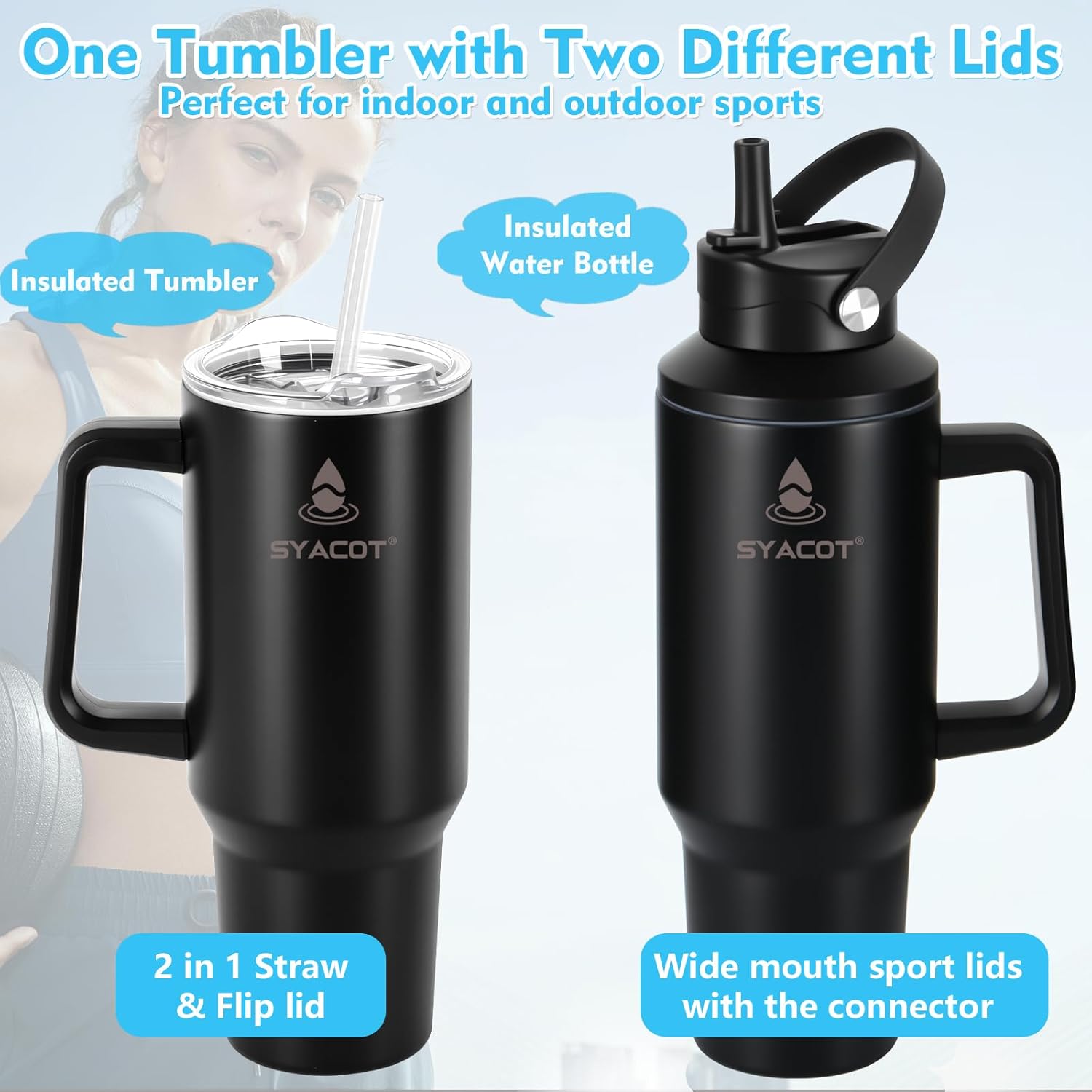 40 oz Tumbler with Handle and Straw or Convert to 40 oz Insulated Water Bottle Fits in Cup Holder. Stainless Steel Metal Water Flask with 2 Lids for Travel,Camping,Gym Sports Coffee Mug Thermal Cup - Image 2