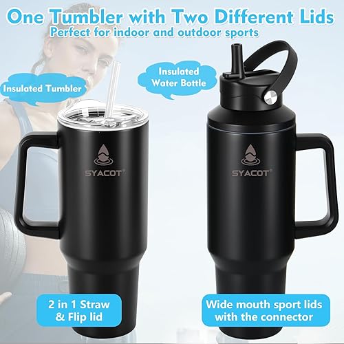 Miniatura 2 de Vaso de 40 onzas con asa y popote o se convierte en botella de agua aislada de 40 onzas que cabe en el portavasos. Botella de agua de metal de acero