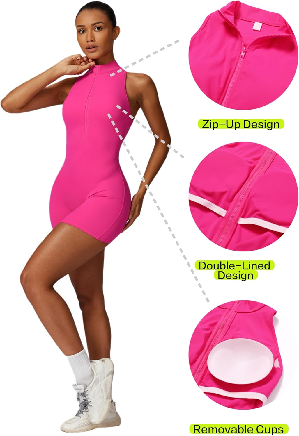 HerGymClothing Womens Workout Rompers High Support Zip Up Backless Padded Sleeveless Scrunch Butt Shorts Jumpsuit - Image 2