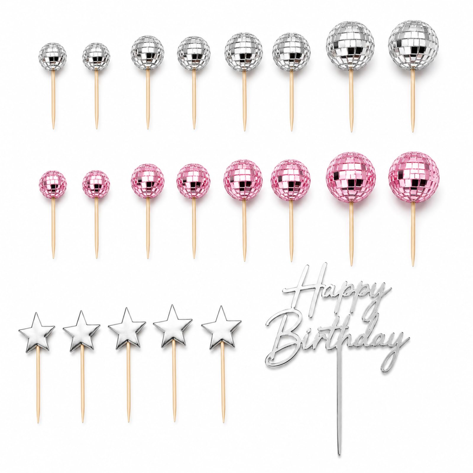 22PCS Disco Ball Cake Topper, Disco Ball Cake Decorations, Mini Disco Balls for Cake Decorating, Retro Party Decorations for Birthday Celebrations and Dance Events, Silver and Pink