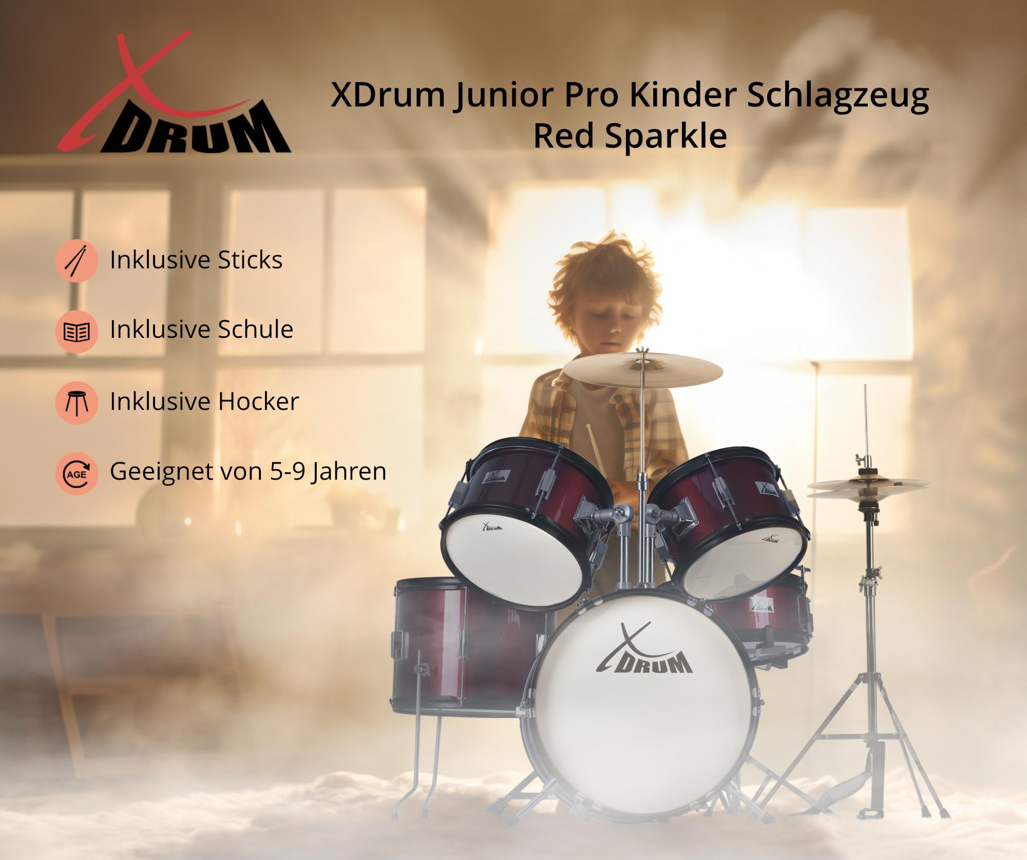 XDrum Junior Pro Batteria per Bambini Red - adatta da 5 a 9 anni - Drumset con accessori completi - incl. scuola - Rosso