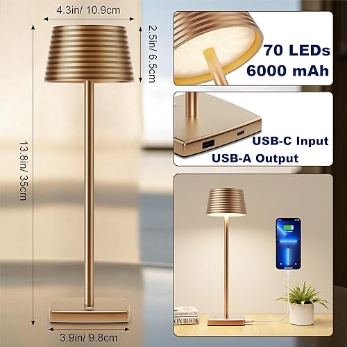 Miniatura 3 de Lámpara de mesa inalámbrica IP54, funciona con pilas, 6000 mAh, luz nocturna de metal de aluminio recargable, 3 colores y lámparas de atenuación