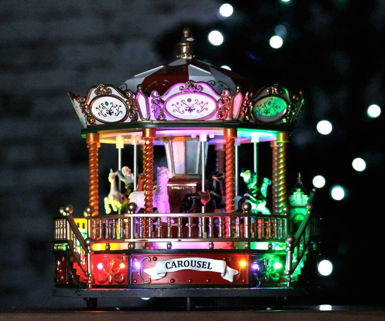 HomeZone Carrusel de Navidad con luces LED multicolor – Adorno musical festivo giratorio de carrusel móvil – Carrusel de Navidad de resina pintado a mano preiluminado regalo decorativo para decoración