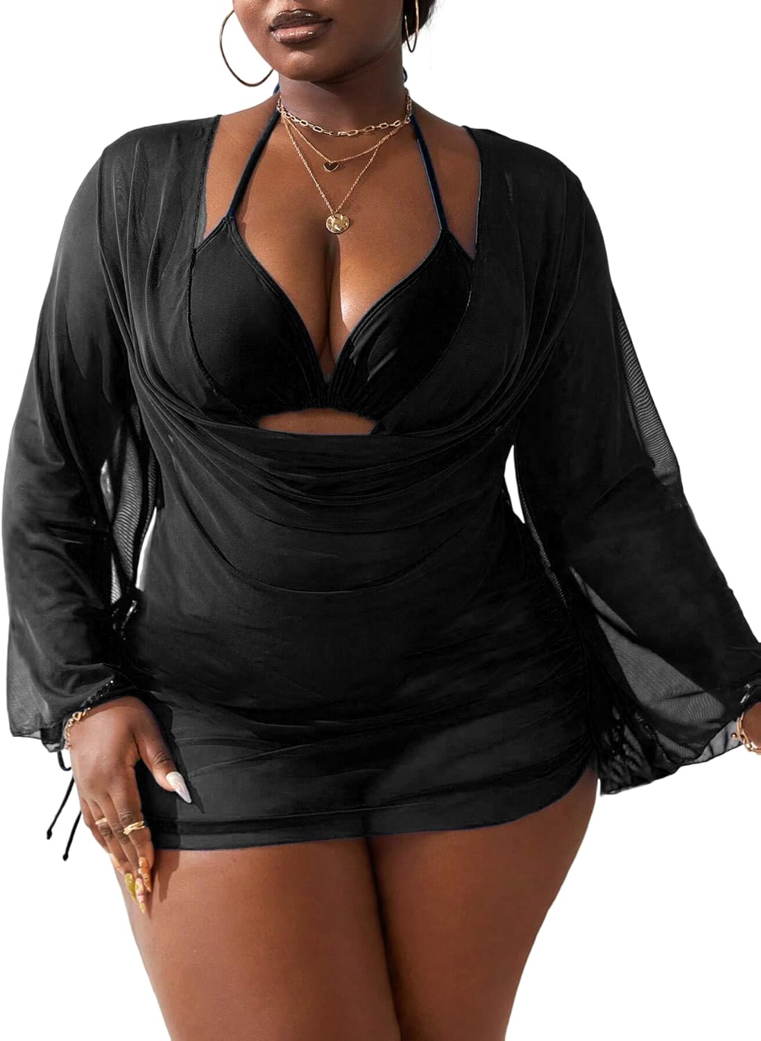 WODECASA Women's Plus Size 3 Piece Swimsuits Halter Triangle Bikini Set with Drawstring Semi Sheer Cover Up Bathing Suit