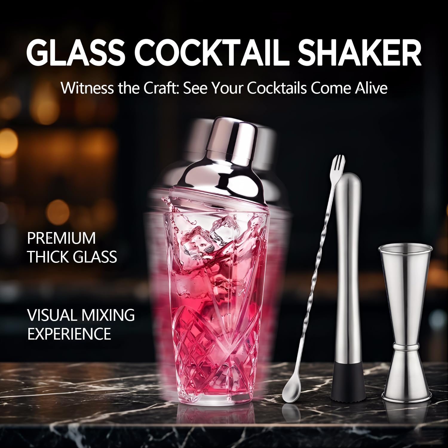Set di shaker per cocktail, in vetro, set di shaker per cocktail, shaker per Martini con colino, per bar, whisky, cocktail (set argento)