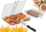 Paniers pour Grill extérieur, 2PCS BBQ Panier de grillage avec poignée amovible en bois, en acier inoxydable Camping Grill Accessoires pour la viande poisson Légume fruits de mer, Cadeaux pour les hommes