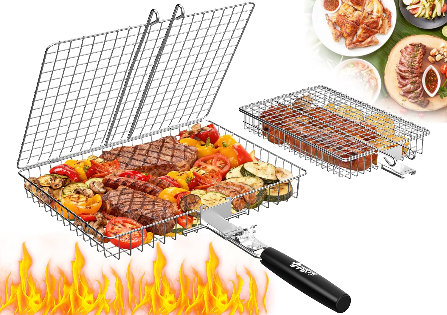 2PCS BBQ Grilling Basket with 1 Removable Wooden Handle, Foldable Stainless Steel Portable Camping Grill Basket for Vegetables, Fish, Meat & Seafood, Gifts for Father Men Dad Husband
