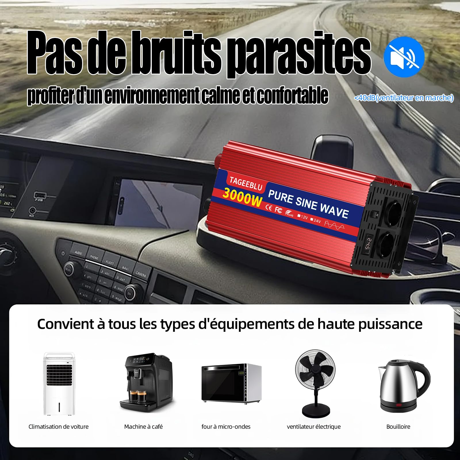 3000W Pur Sinus convertisseur 24v 220v Camion, transformateur 24v 220v avec écran LCD, 2 Prises UE