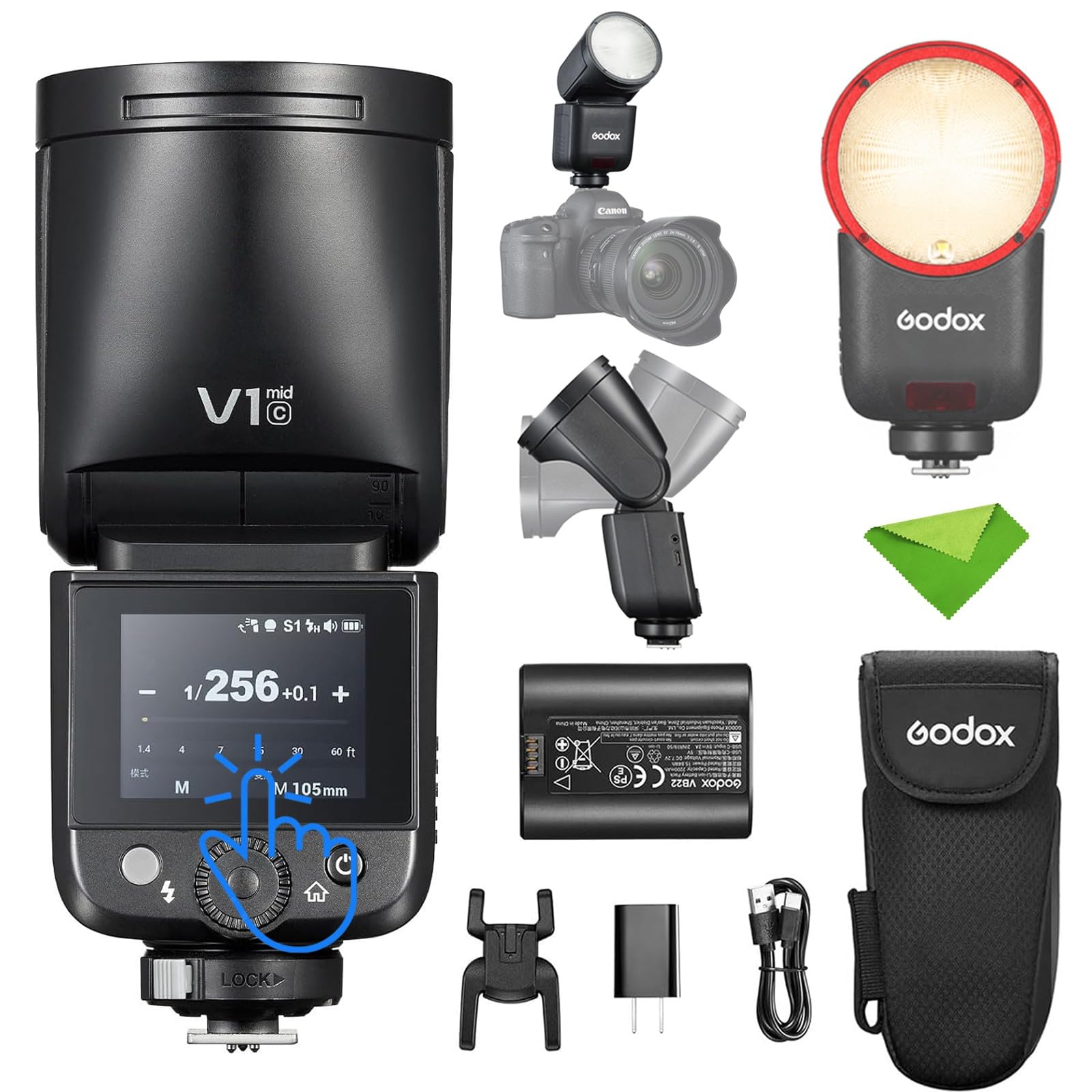Godox V1 mid C V1midC TTL Flash pour Canon, mini flash à tête ronde avec écran tactile, temps de recyclage de 1,7 s, 650 éclairs à pleine puissance, lampe pilote LED de 2 W, synchronisation haute vite
