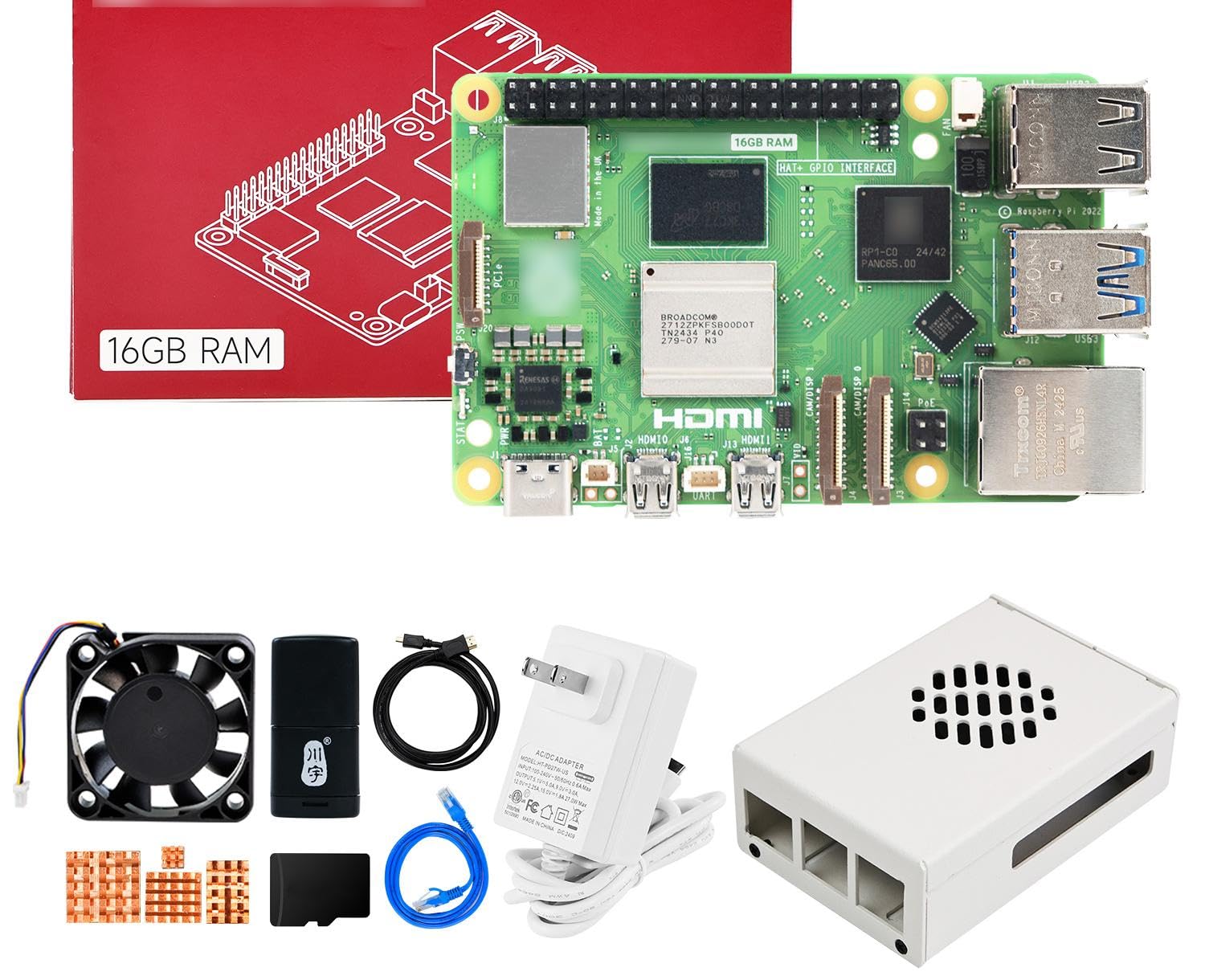 Yahboom Pi 5 16GB Starter Kit with 27W 5.1V/5A Power Adapter Including Development Board, Metal Case and Active Cooler Provide Openclaw Deployment