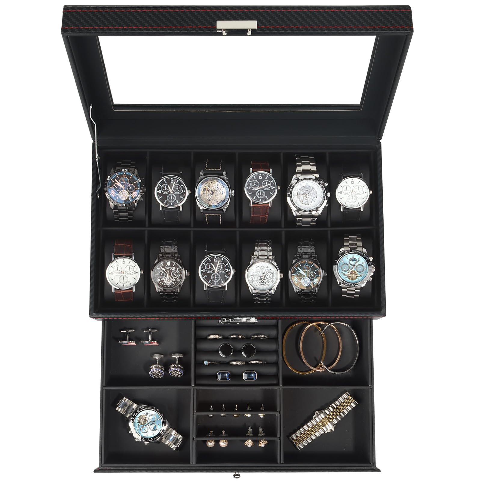 Boîte à montres et bijoux, rangement pour 12 montres sur 2 niveaux avec grand couvercle en verre, coffret de rangement pour montres homme avec serrure, présentoir pour montres, cadeau pour homme et