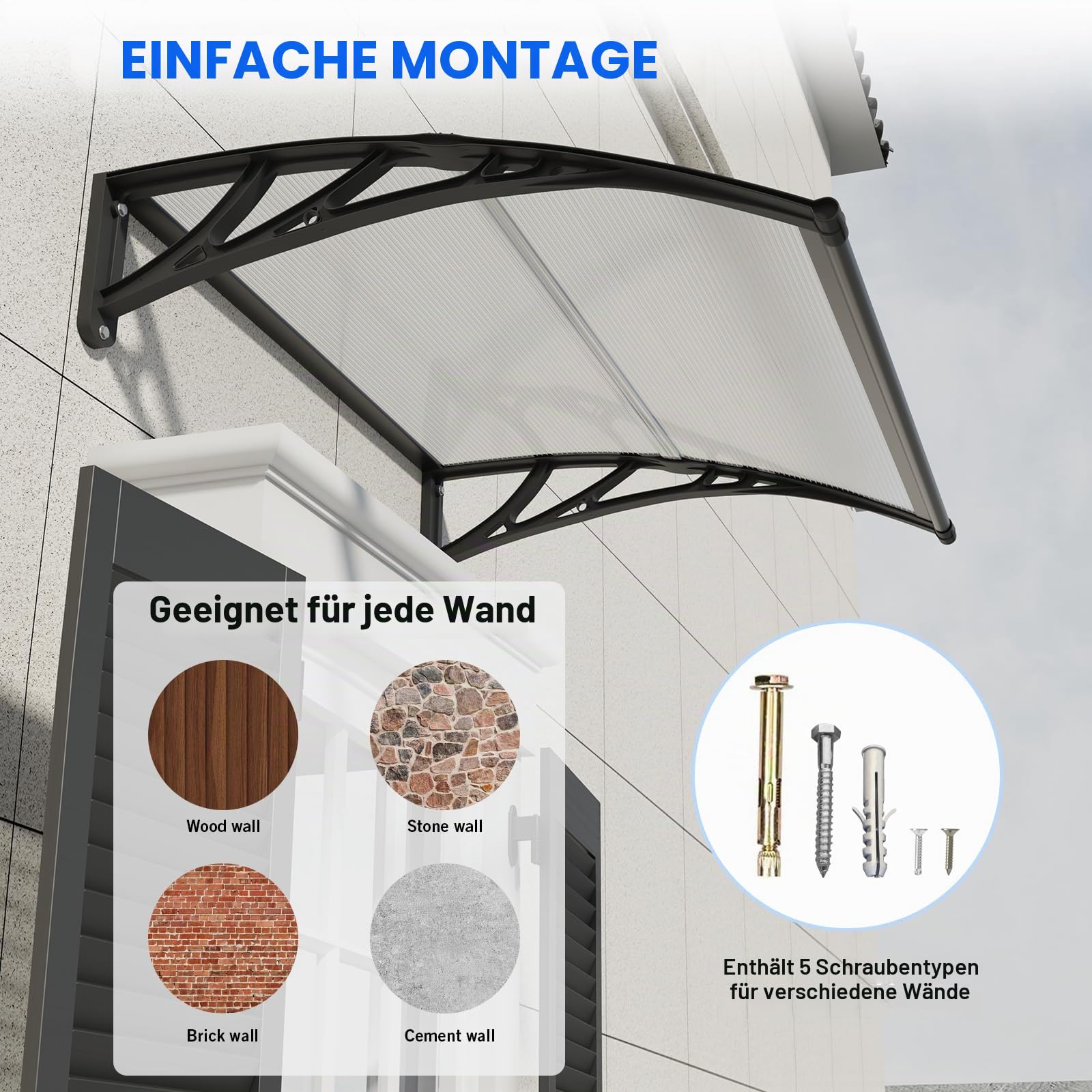 Vordach für Haustür,200x100cm Fenstervordach für Türen,Polycarbonat Pultvordach Überdachung für UV-,Regen- und Schneeschutz – Ideal für Veranda, Terrasse und Fenster