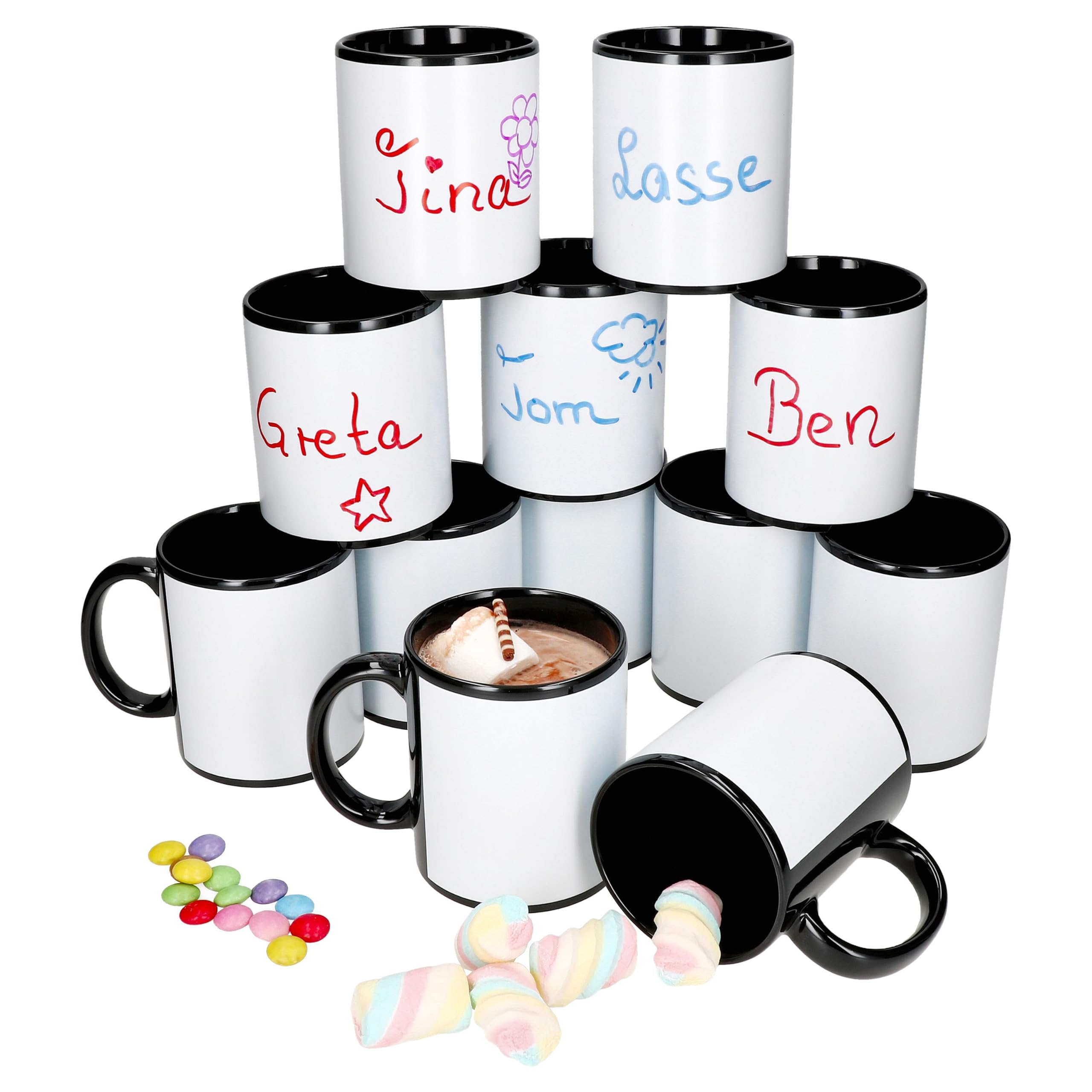 MamboCat Cara - Set di 6 tazze da caffè in porcellana nera e bianca, 300 ml, con manico per 6 persone, tazze per tè e Co