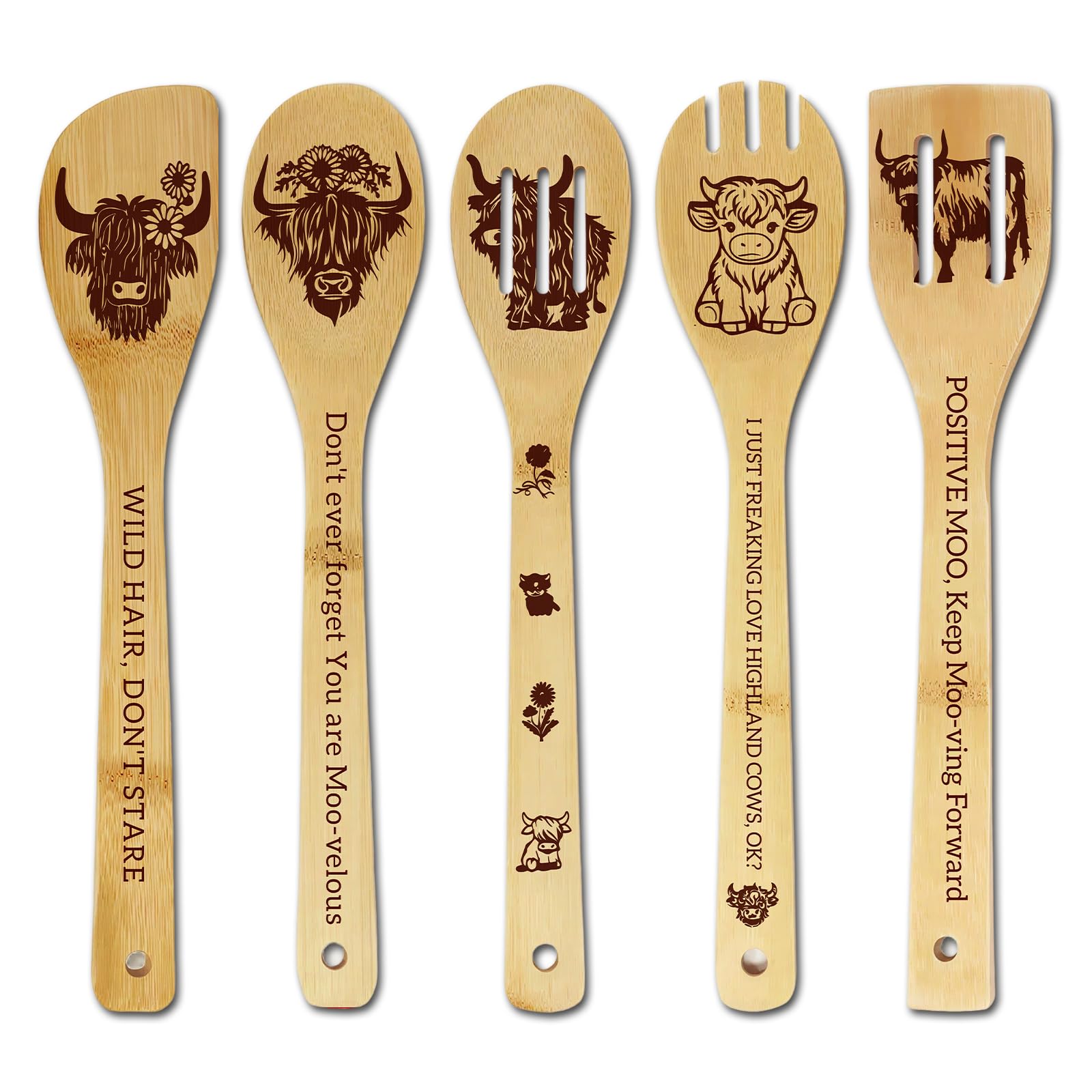 5PCS Highland Cow Wooden Spoon Set, Bamboo Kitchen Utensils Set, Cooking Utensils Set, Wooden Utensils for Cooking, Wooden Spoons for Cooking, Highland Cow Kitchen Accessories