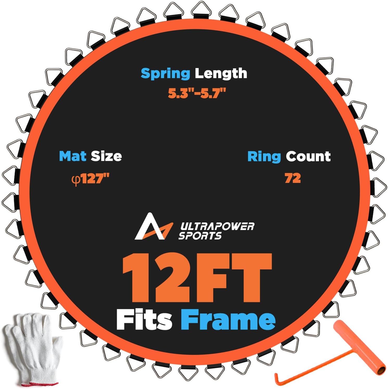 Trampoline Mat Replacement 12FT Replacement Trampoline Mat 12 FT 72 Rings Jumping Mat for 72 Springs 5.3"-5.7" Spring 10 Row Stitch Anti-UV Wear-Resistant Hook Gloves Parts