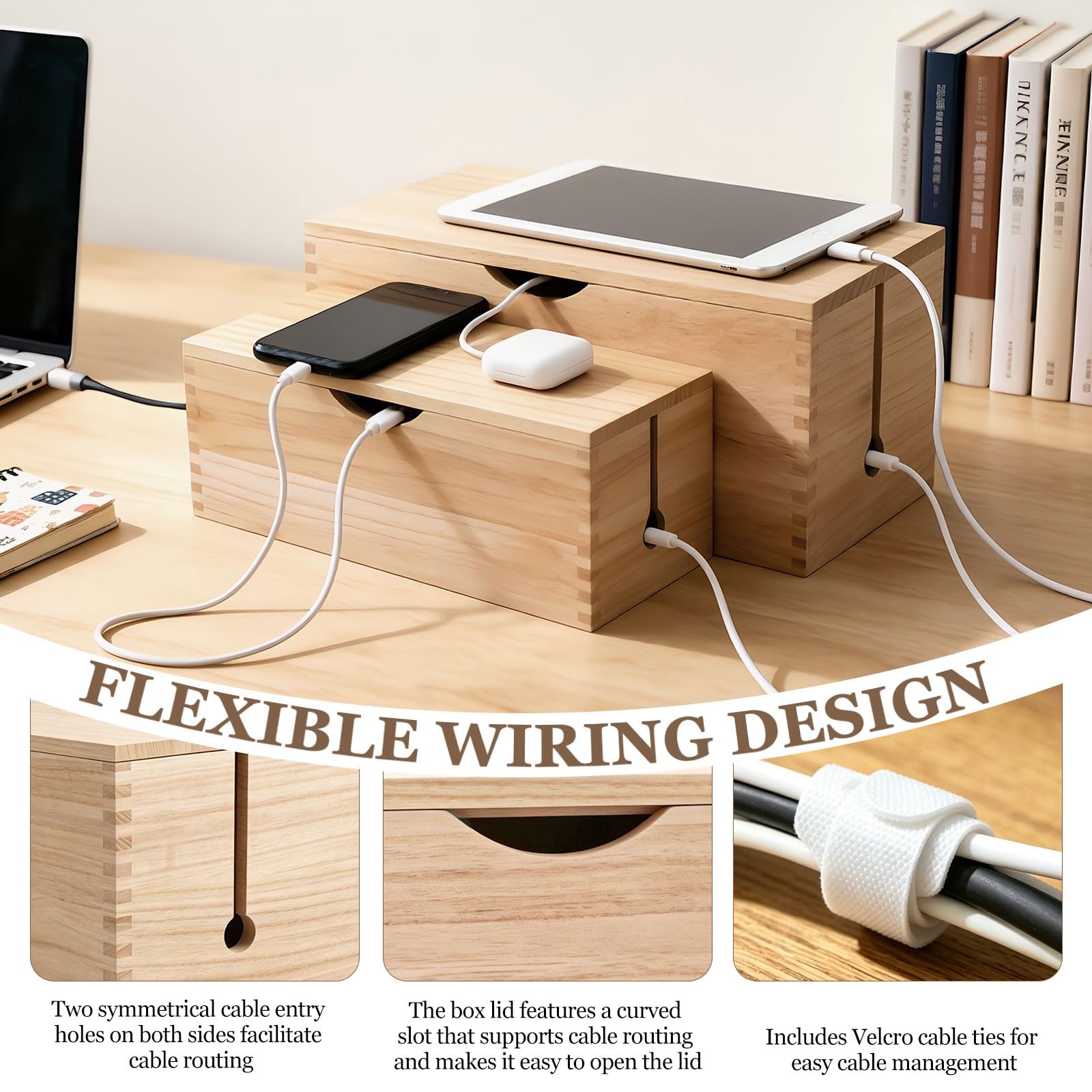 2 PCS Caja Organizadora Cables Madera con Velcro, Esconder Cables y Regletas, Caja Recoge Cable Escritorio, Grande et Pequefia, Cable Management Box, Ocultar, Natural