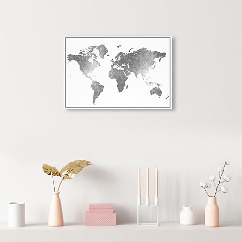 Miniatura 3 de The Oliver Gal Artist Co. Mapamundi - Lienzo moderno de cuero plateado Mapamundi para pared, diseño de mapamundi de cuero plateado, sala de estar,
