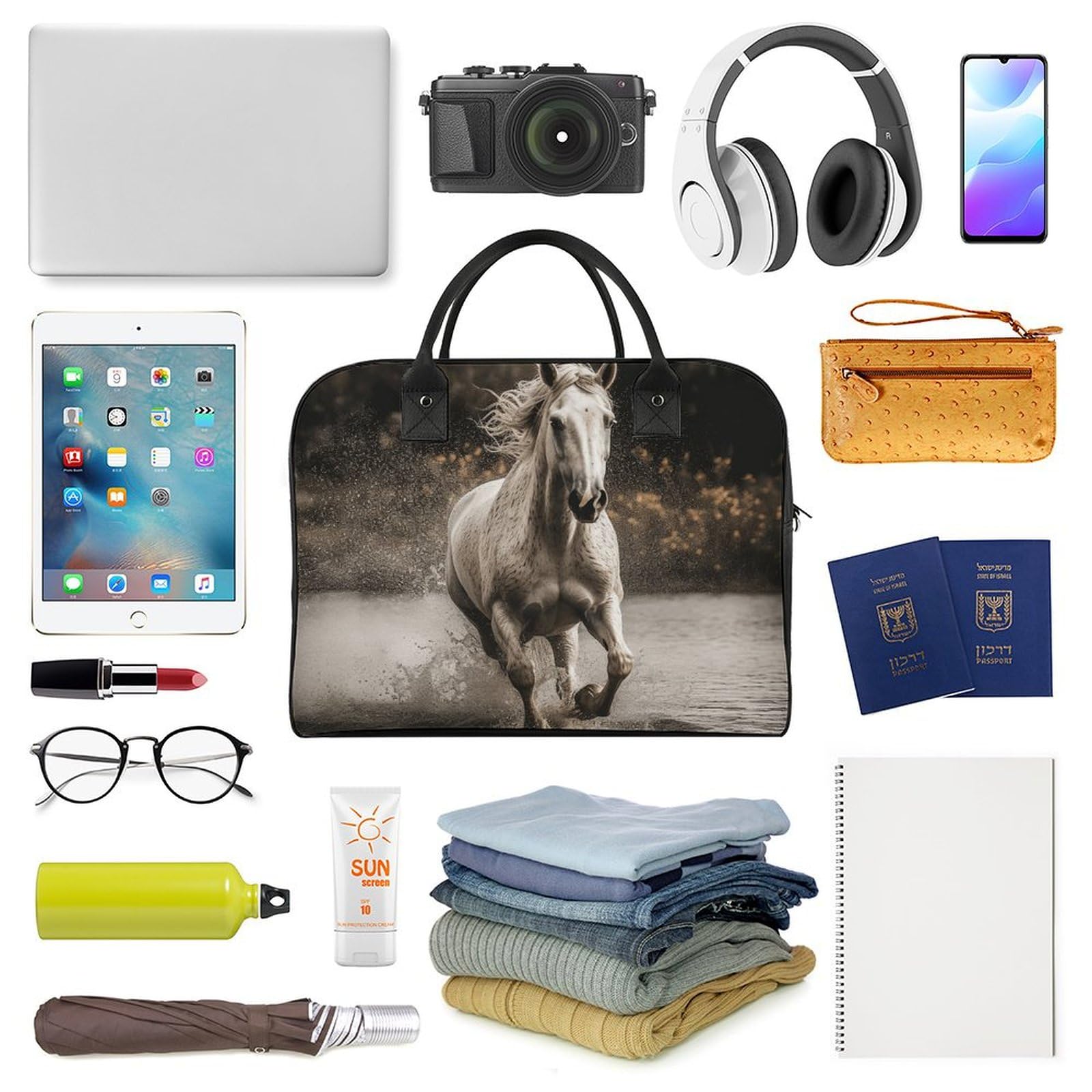Multifunktionale Reisetasche, Pferdelaufen von The Water Print, Reisetasche, Handgepäcktasche, Übernachtungstasche, Wochenendtasche, Schwarz, Einheitsgröße