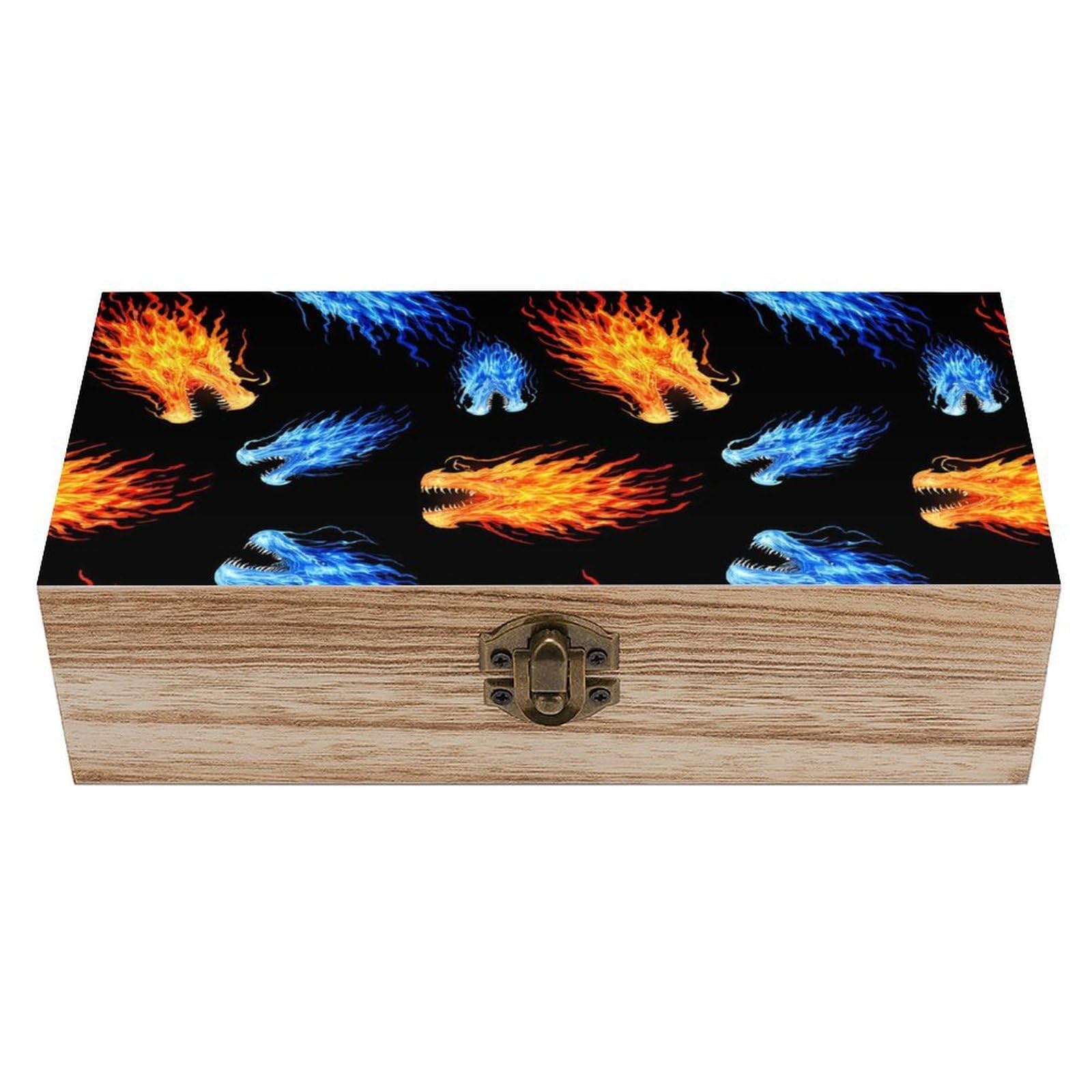 SMAZDFXX Red Blue Ice Fire Flame Dragon Wooden Storage Box With Hinged Lid Decorative Front Clasp Keepsake Boxes