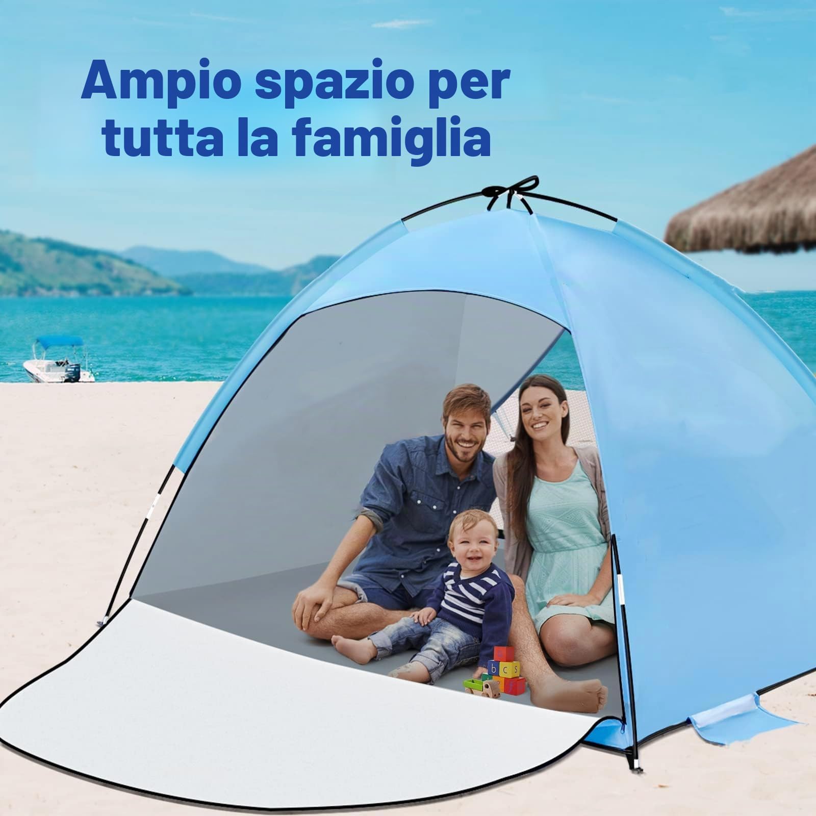 Tenda da Spiaggia Portatile per 2-4 Persone, Protezione Solare UPF 50+, Parasole Leggero e Facile da Montare con Trasporto