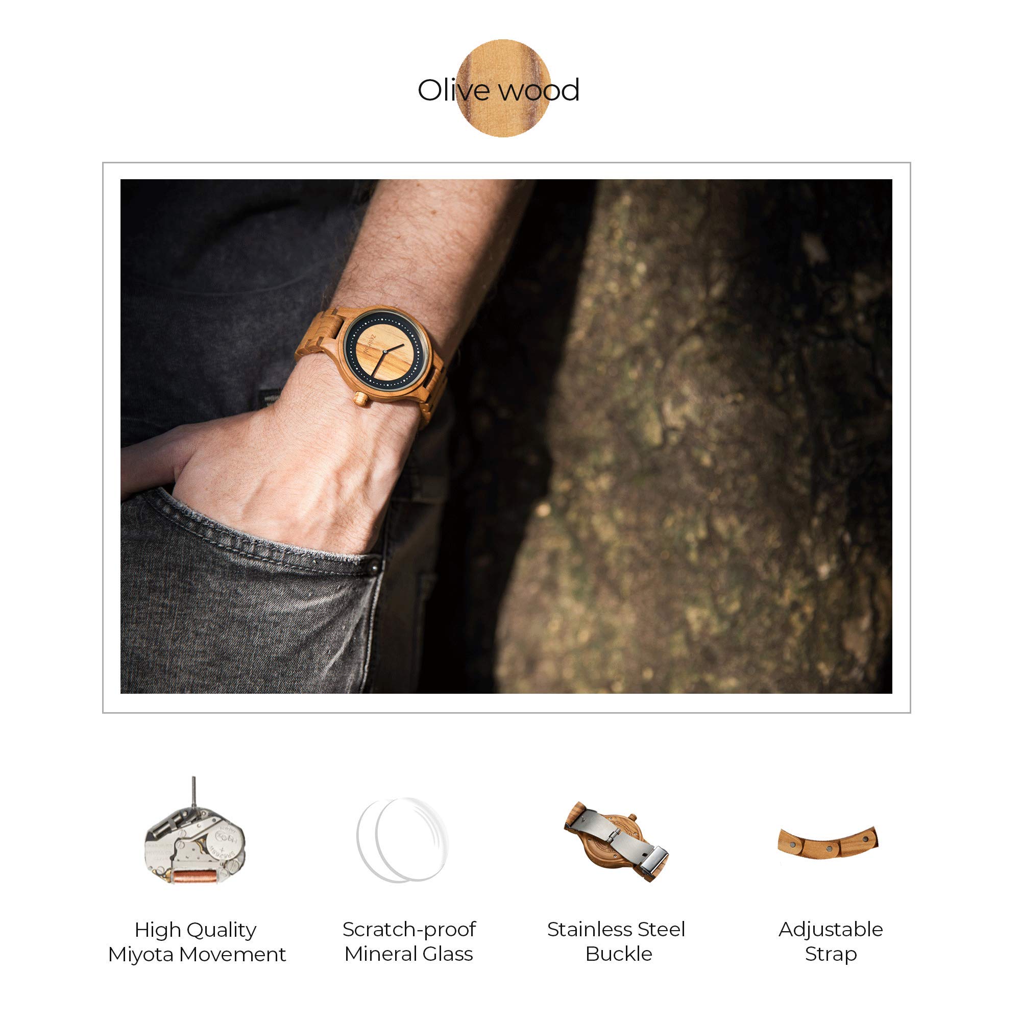 Orologio in Legno da Uomo - Modello Dohma, Fatto a Mano d’ulivo Naturale 100% con Movimento al Quarzo - Orologio con Venature Lignee Analogico Digitale per Lui - Cinturino Regolabile