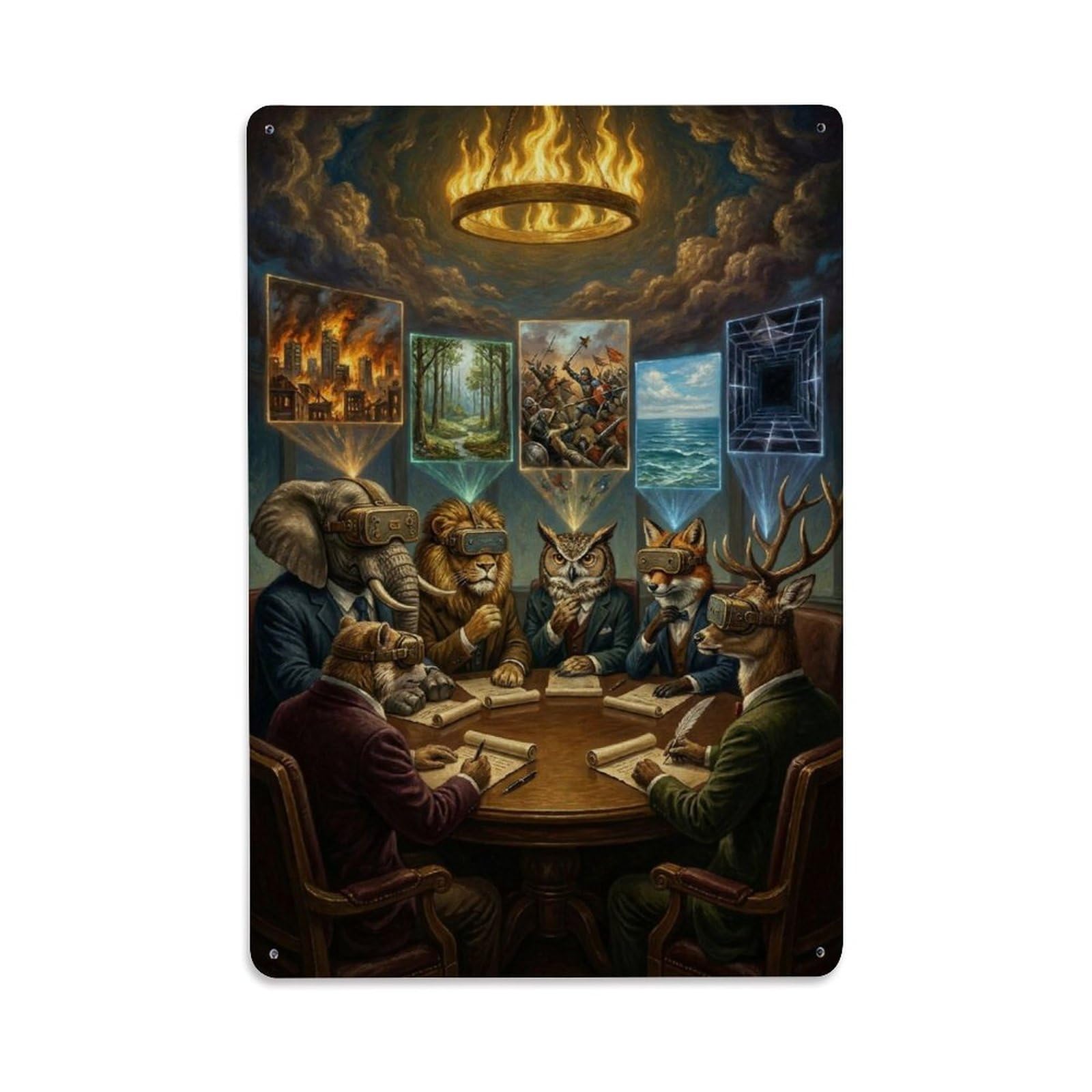 Council Meeting Groupthink Surreal Satire Animal Dark Humor Metal Tin Sign Plaque Wall Decor for Cafe, Man Cave, Club Bar, Office, Home Garden Round Metal Poster 8x12Inch