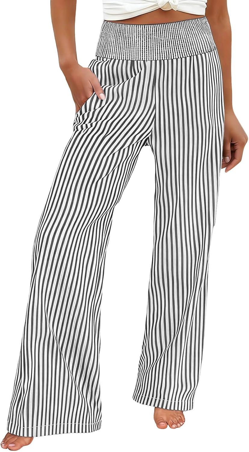 Women's Wide Leg Beach Pants Elastic Waist Striped Lightweight Casual Flowy Palazzo Lounge Trousers with Pockets