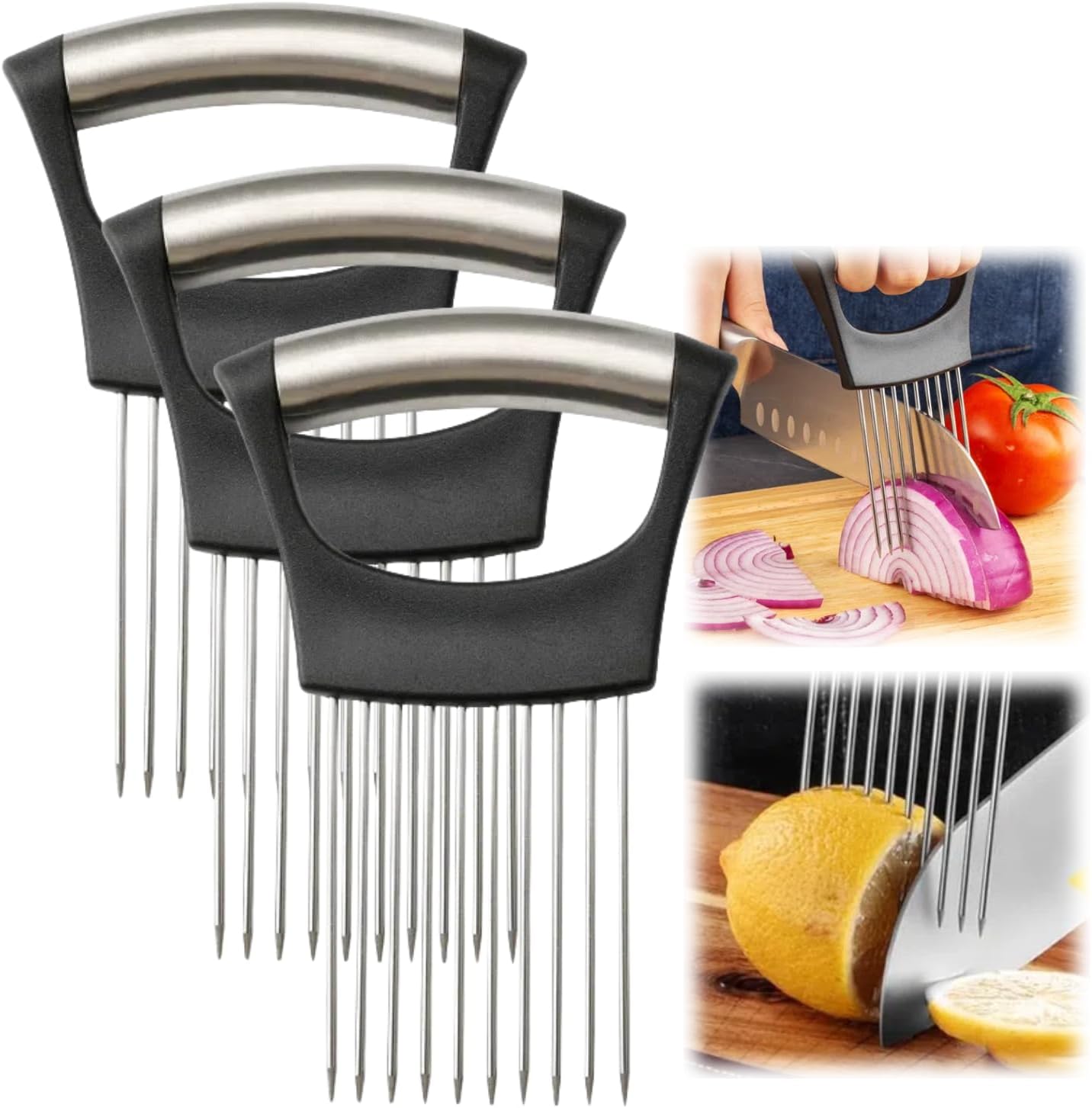 Onion Slice Holder, 2024 New Stainless Steel Holder for Slicing, Chopper Assistant Tool, Cutter for Meat, Onion, Potato, Tomato Kitchen Gadgets (Black, 2 Pack)