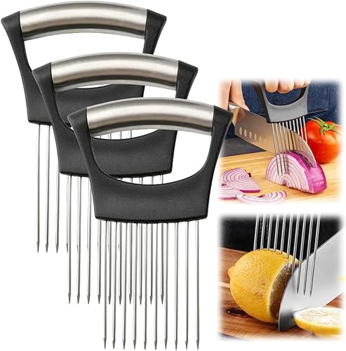 Vista 4 de Soporte para rebanadas de cebolla, nuevo soporte de acero inoxidable 2024 para rebanar, herramienta asistente de picadora, cortador para carne, Negro