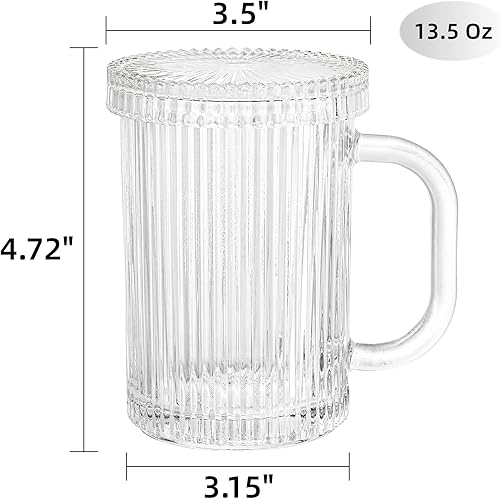 Miniatura 2 de Noamus Paquete de 2 tazas de café con tapa de vidrio, taza de té de rayas verticales clásicas transparentes de 13 onzas, juego de cristalería