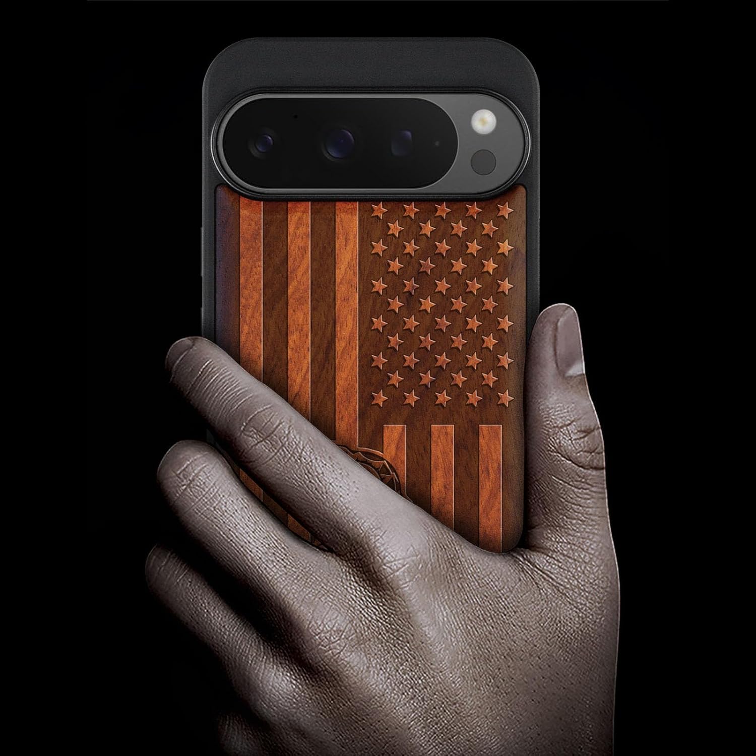 Carveit Magnetic Wooden Case for Pixel 9 Pro Google 9 Pro Case, Wood Artisan Engraved & Soft TPU Shockproof Cover, Compatible with MagSafe Wireless Chargers (Gadsden and American Flag) Rosy