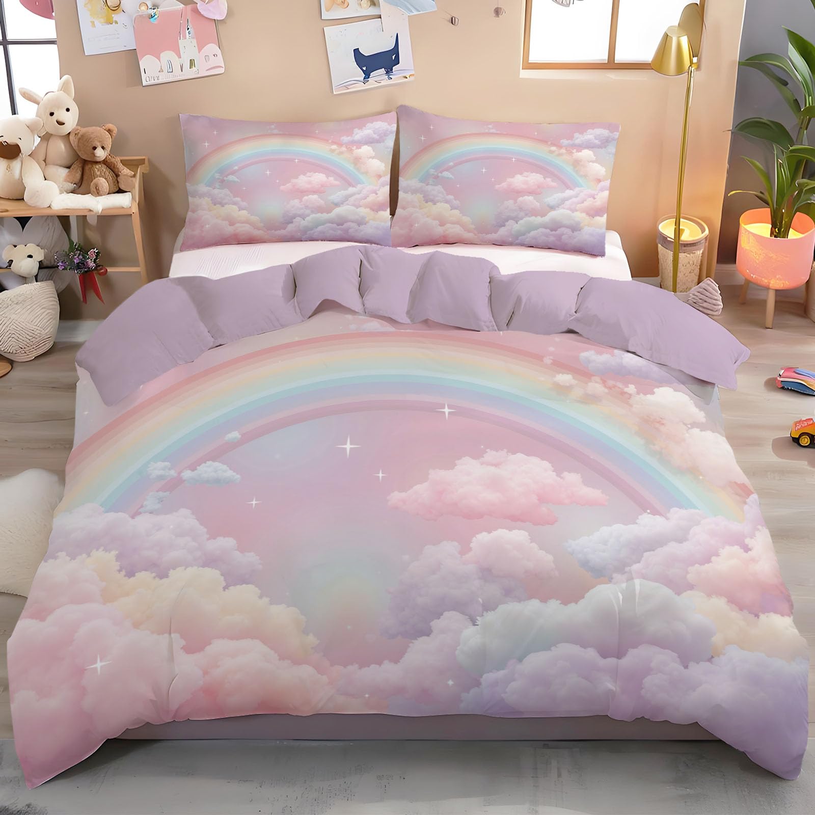 Housse de couette 140x200 nuages anti-glissement avec attaches d'angle