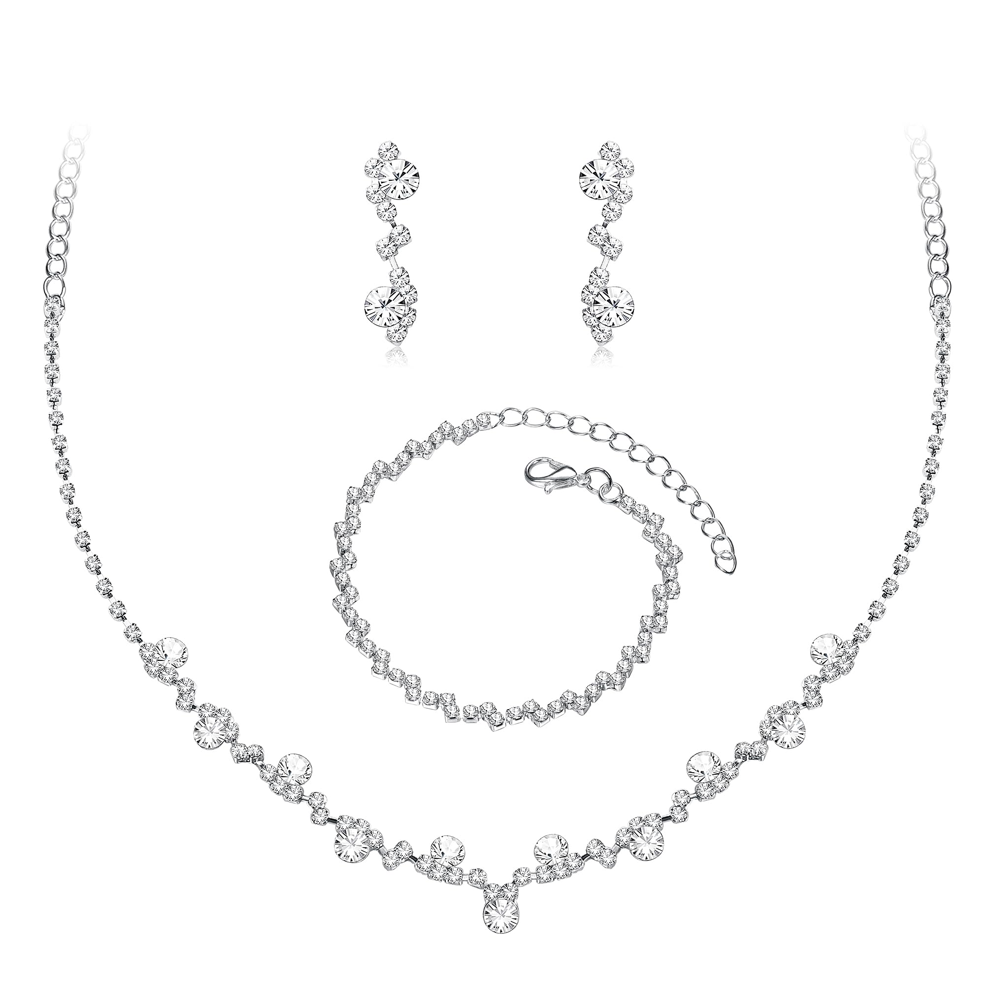 Morfetto Conjunto de Joyería Nupcial de Plata, Collar de Diamantes de Imitación, Pulsera, Pendientes Colgantes para Novia, Cristal, Boda, Graduación, Accesorios de Joyería para Mujer
