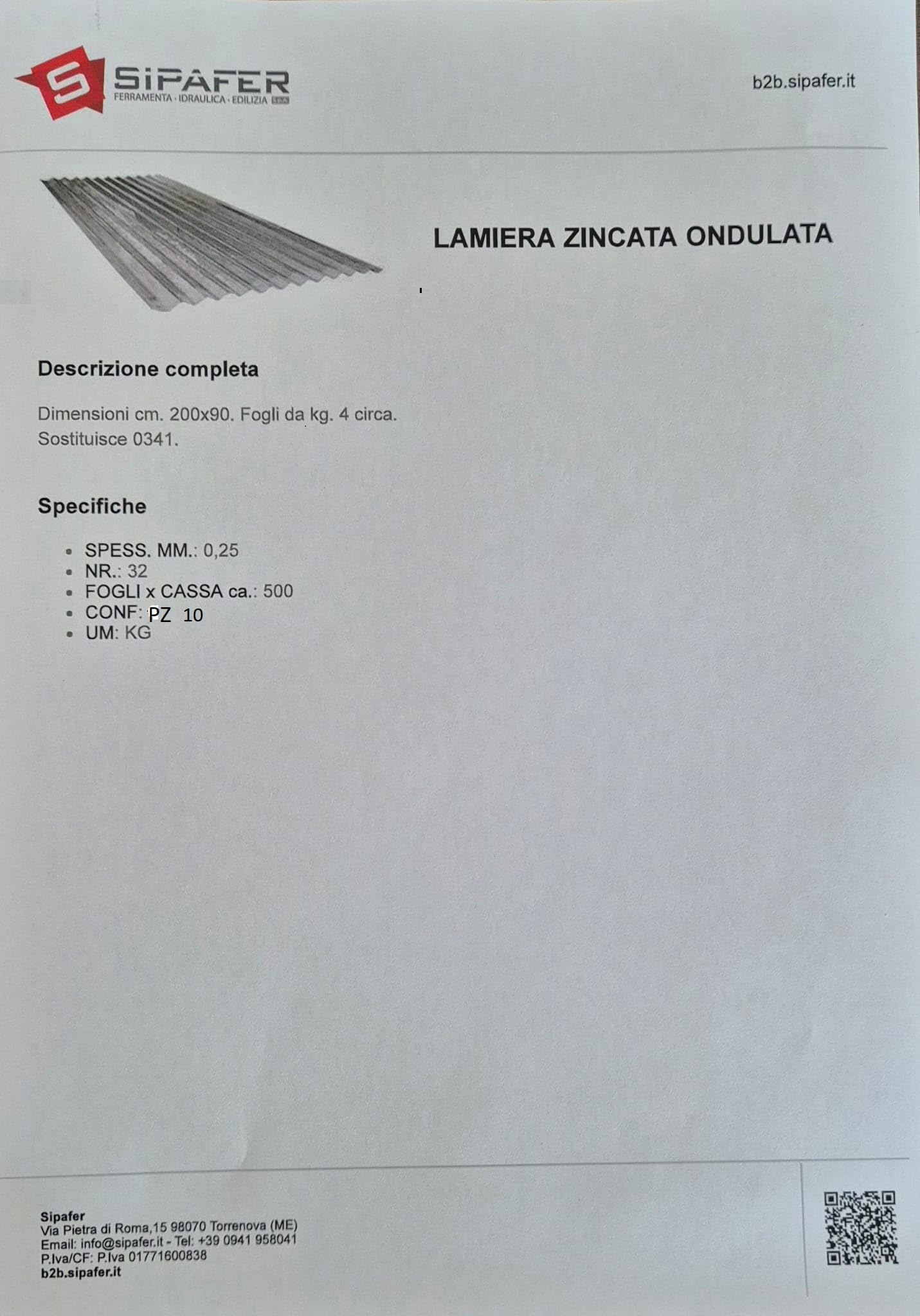 PZ 10 LAMIERA ZINCATA ONDULATA A FOGLIO 200x90 CM - SPESS. 0,25 mm COPERTURA