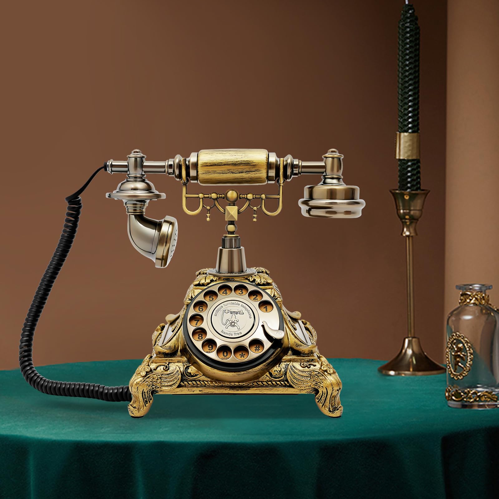 Teléfono retro con diseño vintage, teléfono fijo con teléfono de mesa nostálgico con cable, caja de metal estable y esfera giratoria para teléfono de mesa/casa (botón de selección)