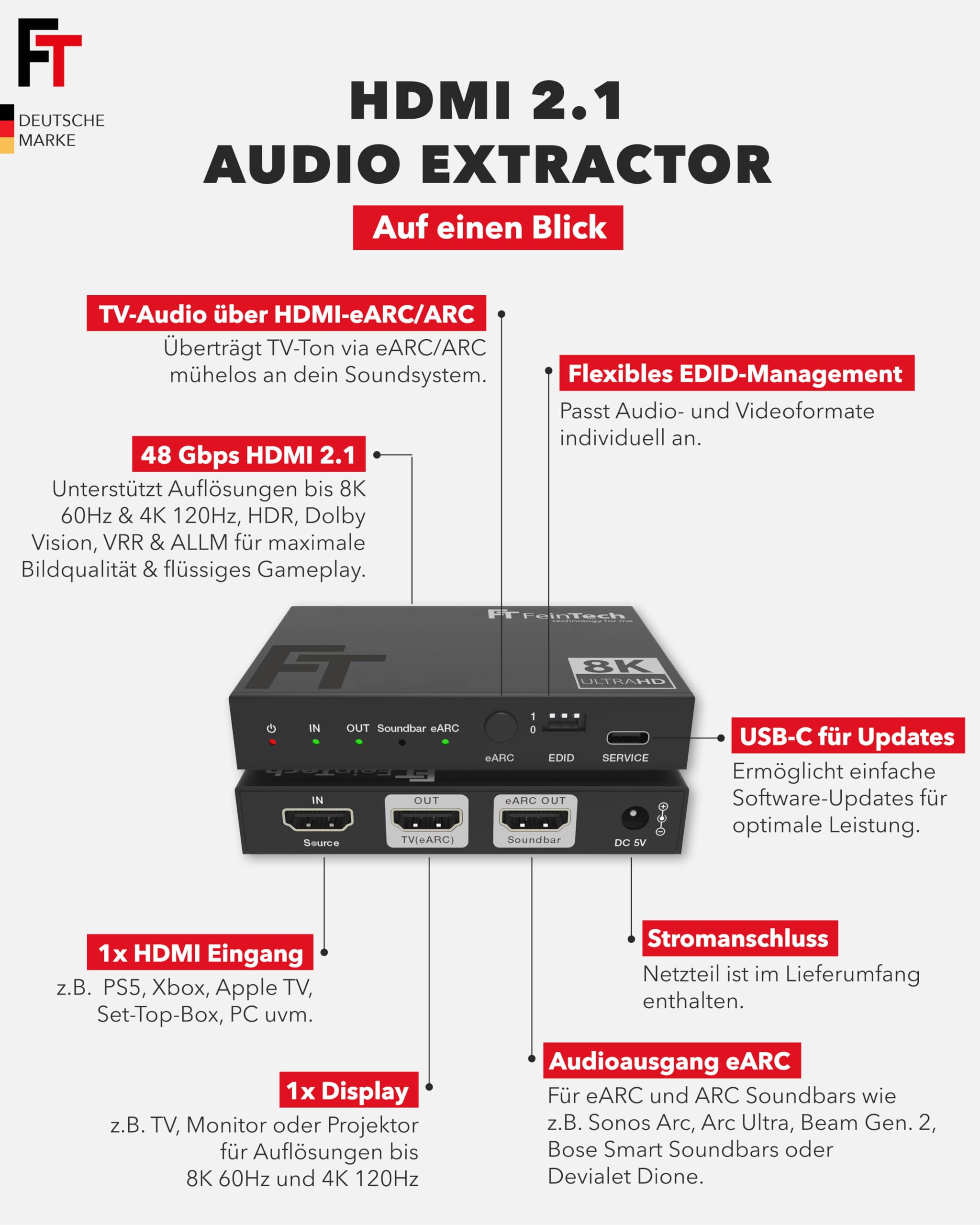 FeinTech AX310 HDMI 2.1 Audio Extractor für eARC-Soundbar - Unterstützt 8K 60Hz, 4K 120Hz, VRR, ALLM, Dolby Atmos, DTS - Audio Splitter für Soundsysteme mit eARC und ARC (1 Input)