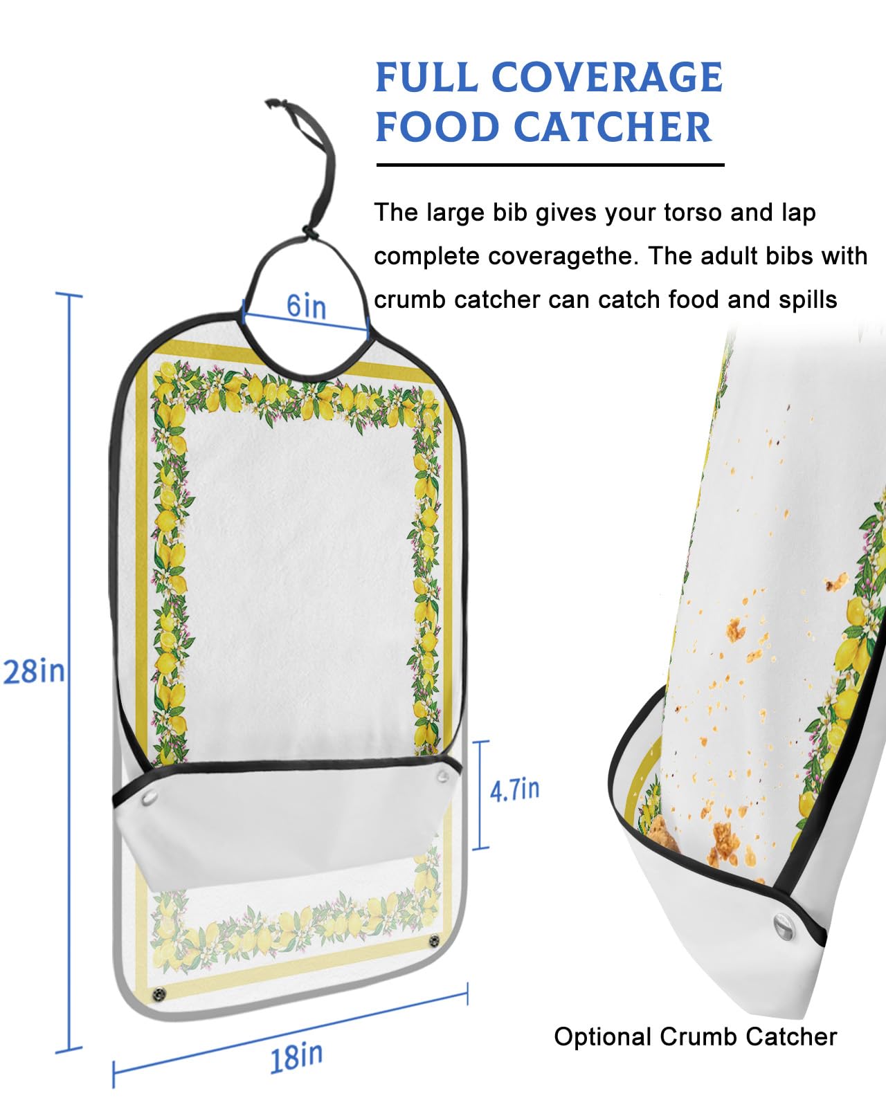 Kewadony Adult Bibs for Elderly Women - Lemon Summer Waterproof Dining Clothing Protectors with Crumb Catcher for Eating/Feeding, Yellow Lemon Floral Lace Terry Cloth Bib Machine Washable