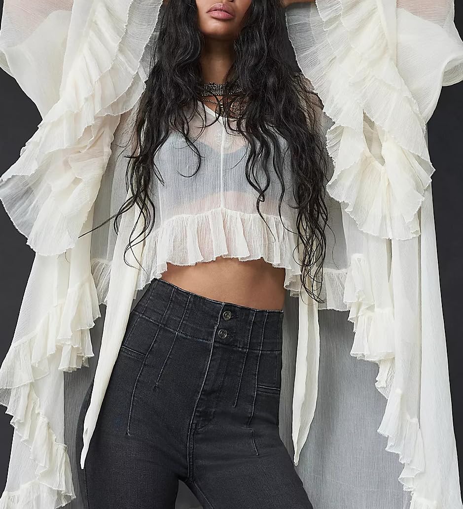 NUFIWI Women's Sheer Ruffle Trim Blouse with Self Tie Neck - Image 5