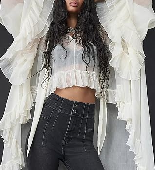 Women Full Sleeve Frill Tops Sexy See Through Sheer Ruffle Trim