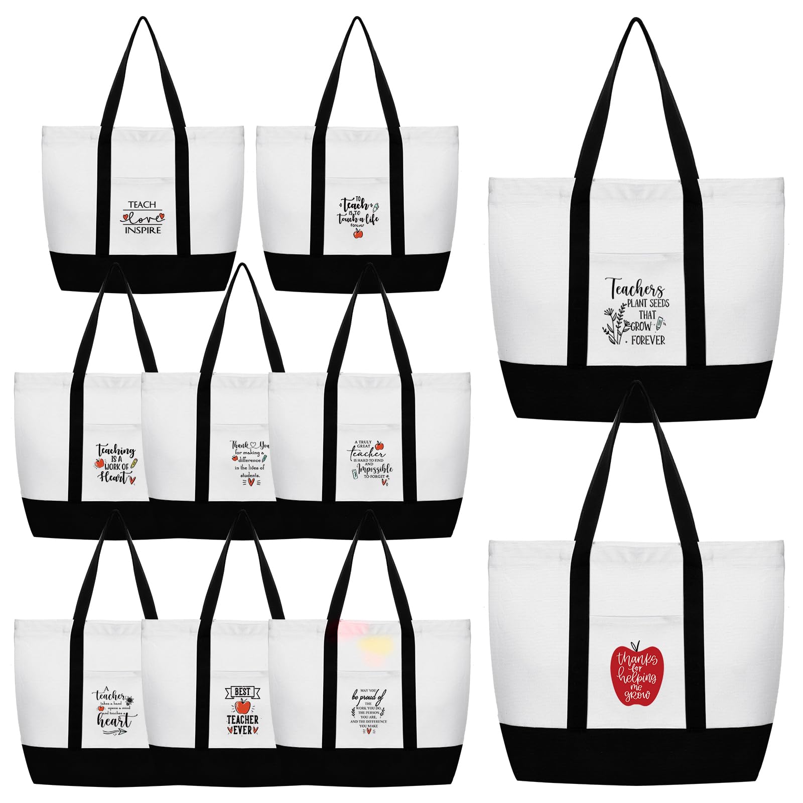 Sadnyy 10 Pack Large Teacher Tote Bags Back to School Teacher Appreciation Gifts in Bulk with Zipper and Front Pockets Thank You Welcome Back Gifts,