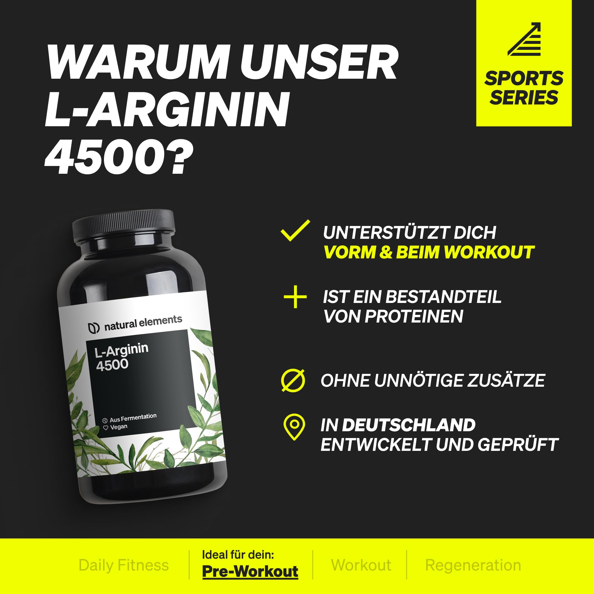 natural elements L-Arginin – 365 Kapseln – Hochdosiert: 4.500mg veganes L-Arginin HCL pro Tagesdosis (3.750mg reines L-Arginin) – hochdosiert – in Deutschland hergestellt & laborgeprüft