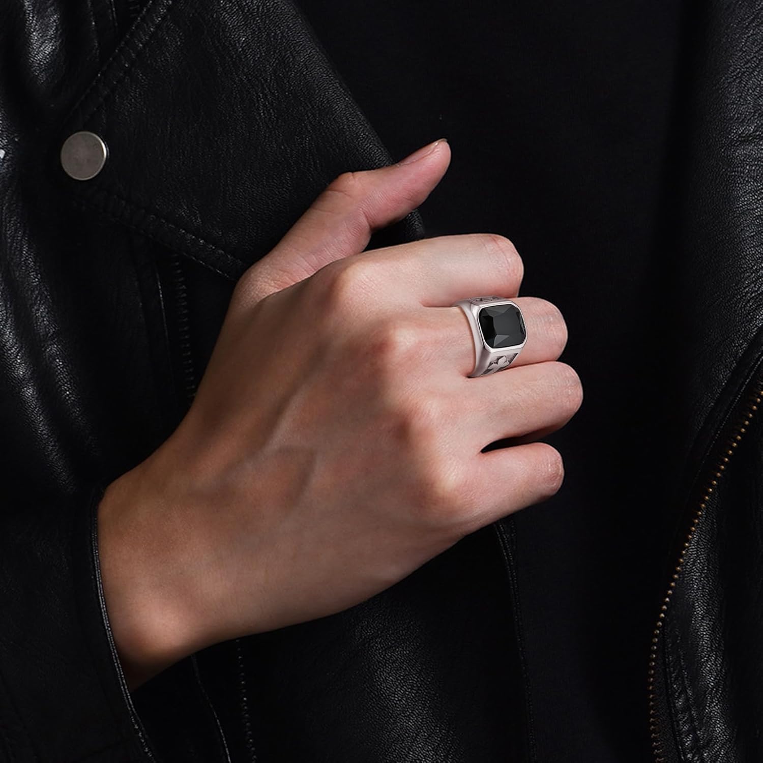 YL Men's Gemstone Cross Rings Titanium Steel Square Signet Rings Wedding Statement Band Vintage Jewelry - Image 2