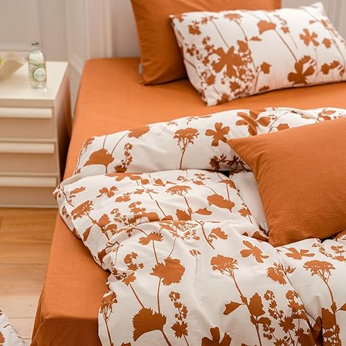Miniatura 5 de BuLuTu Juego de funda de edredón con diseño de hojas naranjas quemadas, estampado botánico, blanco, 100% algodón, juego de ropa de cama estética,
