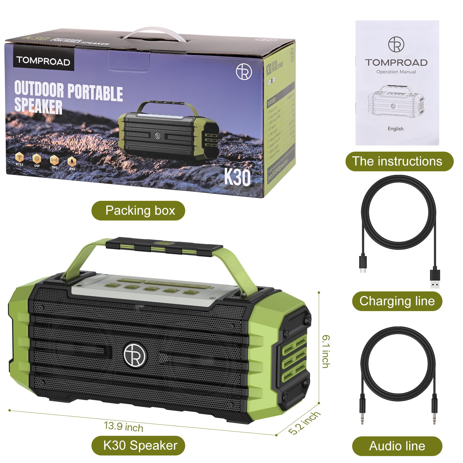 Tragbarer Bluetooth-Lautsprecher, 120 W Peak, 80 W, kabellose Lautsprecher, TWS-Kopplung, tiefer Bass, Hi-Fi-Lautsprecher, IPX6 wasserdicht, DSP-Sound-Boombox für Outdoor, Camping, Party, Strand(Grün)