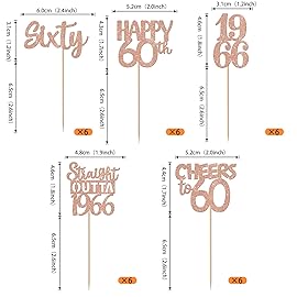 30PCS 60th Birthday Cupcake Toppers Glitter Sixty Happy 60 Straight Outta 1966 Cupcake Picks for Cheers to 60 Years 60th Birthday Wedding Anniversary Party Decoration Supplies Rose Gold