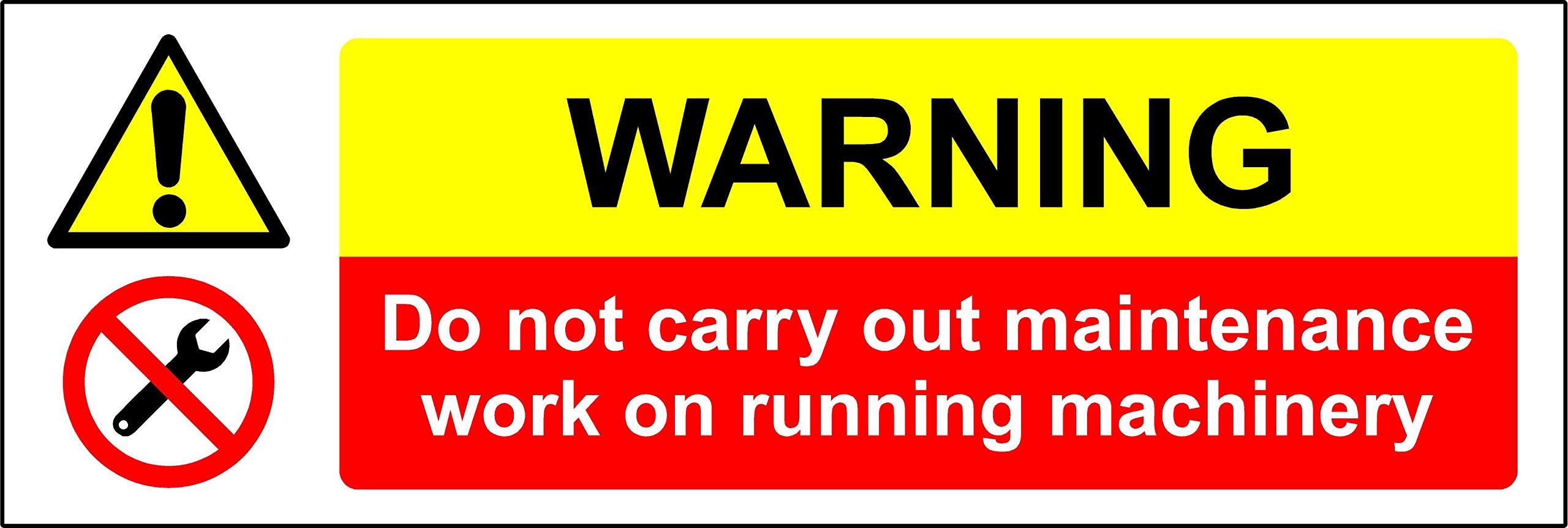 Warning do not carry out maintenance work on running machinery Safety sign - Self adhesive sticker 300mm x 100mm