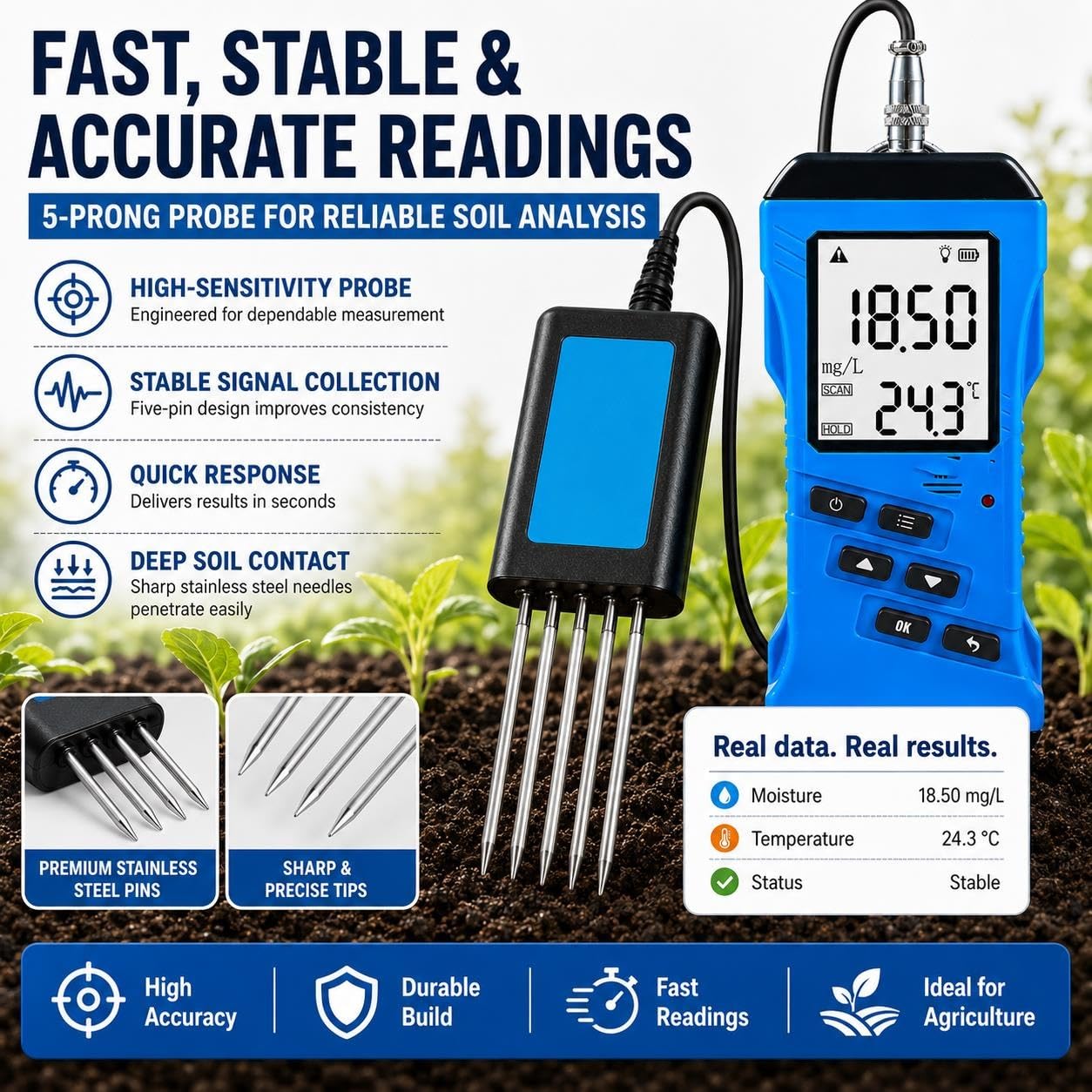 Kit d'Analyse de Sol Agricole, Détecteur de Sol Portable