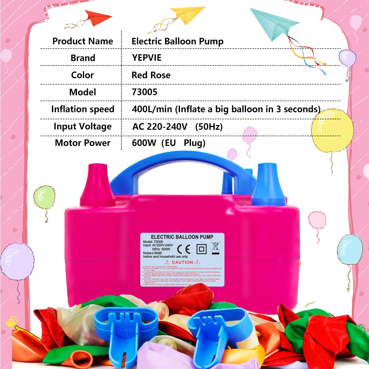 Bomba de globos eléctrica, 600W Kit de bomba eléctrica de globos con 14 kits de guirnalda de globos, 2 modos de inflado y doble boquilla Bomba de globos eléctrica portátil para decoración de