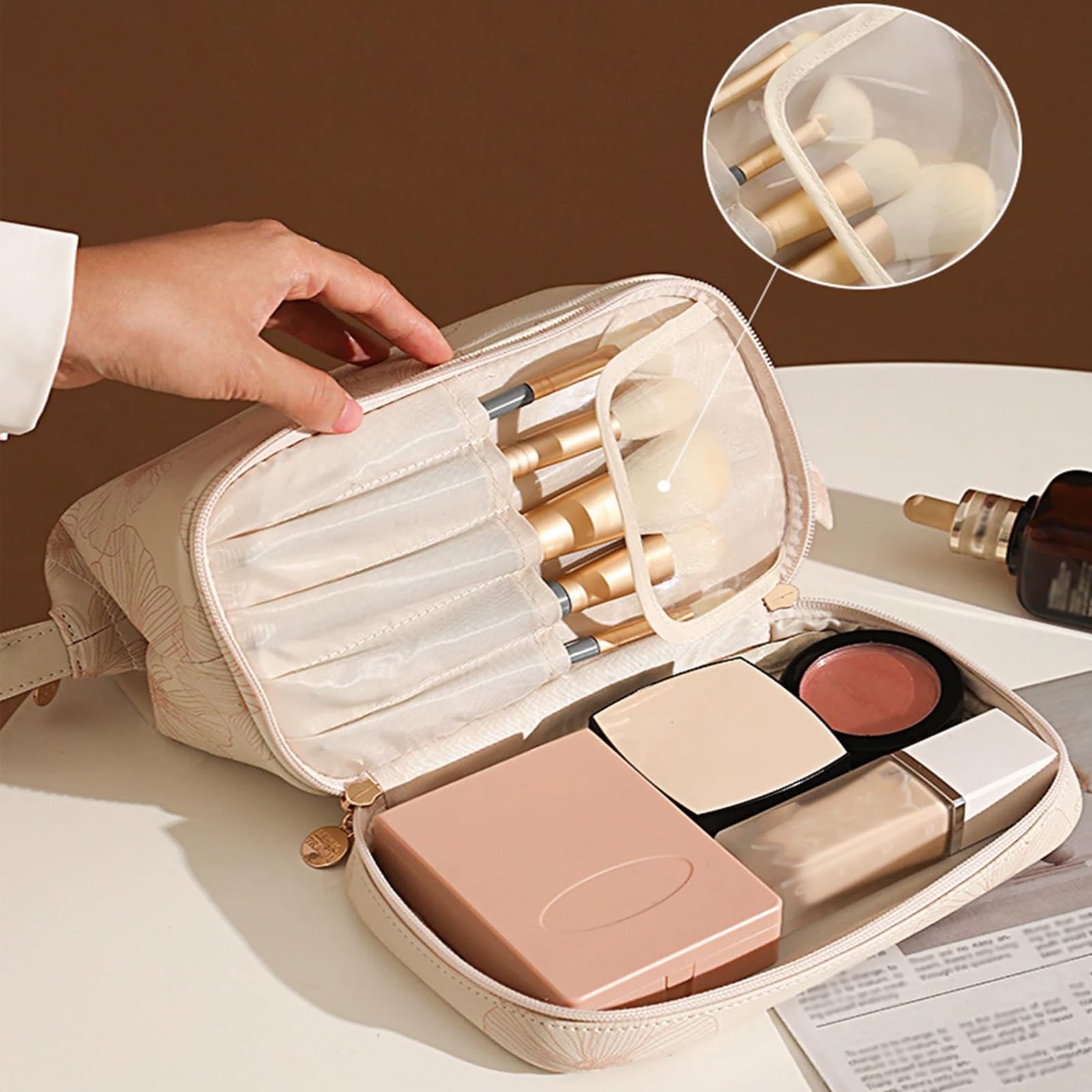 Portatile Borsa Trucco, Beauty Bag, Pratico Organizer per Pennelli da Trucco e Accessori Estetici da Donna, con Motivo Floreale Botanico e Comoda Maniglia per Il Trasporto(Black)